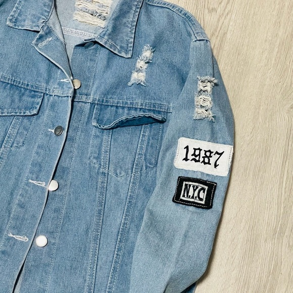 Aieryiyi Distressee Denim Jacket with Patches - Picture 3 of 8